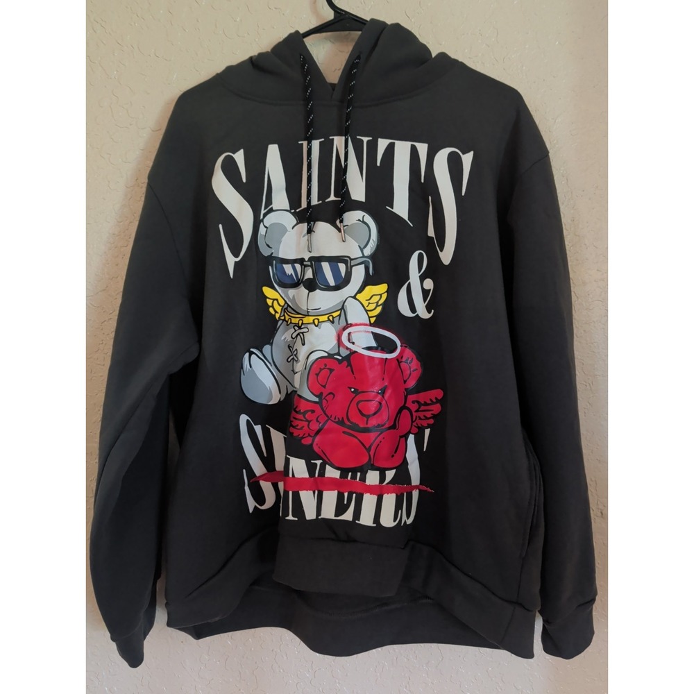 GSTR Men's Large Saints & Sinners Bears Charcoal Gray Hoodie Sweatshirt